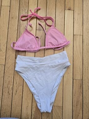 aerie High Waisted/ High Cut Bikini Set With Pink Triangle Top